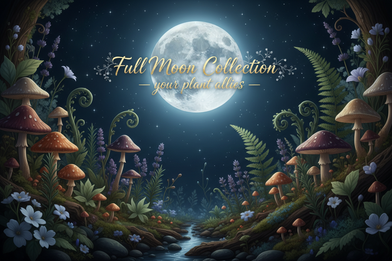 Create a plant green themed image which shows the full moon and label it as Full Moon Collection - your plant allies. Maybe put the moon in the sky with some mushroom and mystical plants below it. Keep with the websites's green natural theme