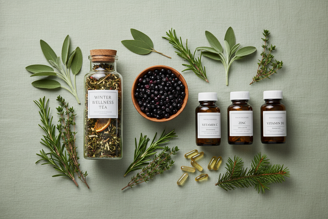 Generate me a image keeping with the green colour scheme highlighting winter immunity products like teas, elderberry herbs, vitamin C, Zinc and D