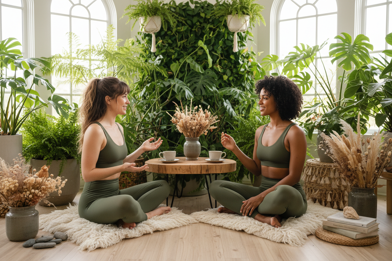 two women in green workout yoga clothing seated in a calm environment talking about womens health in a calm setting with the green natural theme
